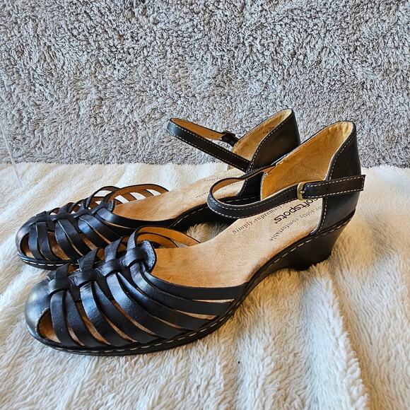 NEW Softspots Women's Tatianna Leather‎ Huarache Heel Sandals Size 9.5M Black - Picture 1 of 6